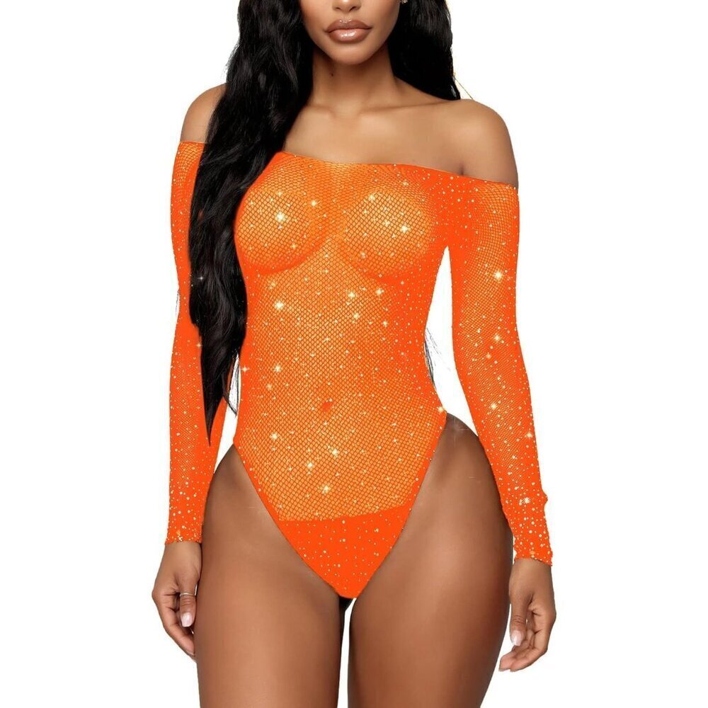 Women Orange Lingerie Fishnet Teddy Sparkle Rhinestone One Piece Mesh Bodysuit